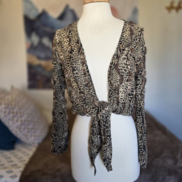 Chico’s Silk Animal Print Tie Front Blouse Top Size 0 XS Leopard Long Sleeve - Picture 4 of 14